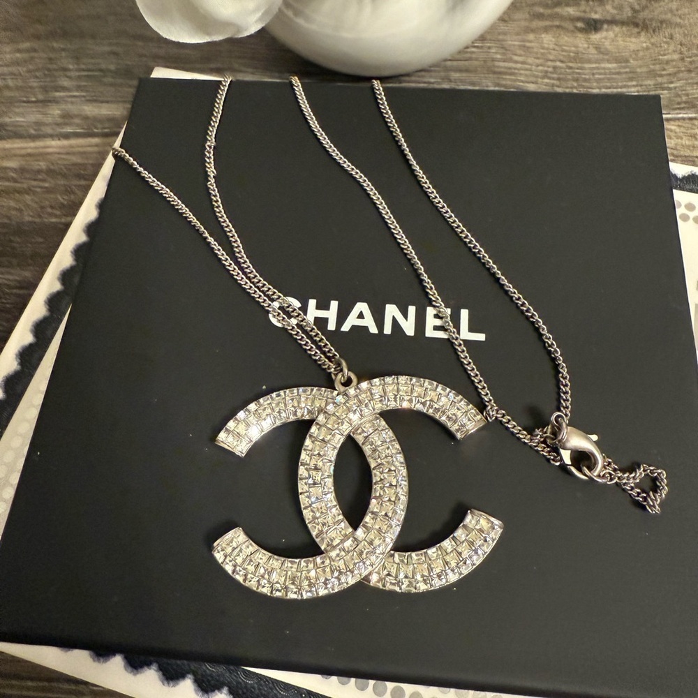 CHANEL Large Silver Crystal CC Logo Pendant Necklace